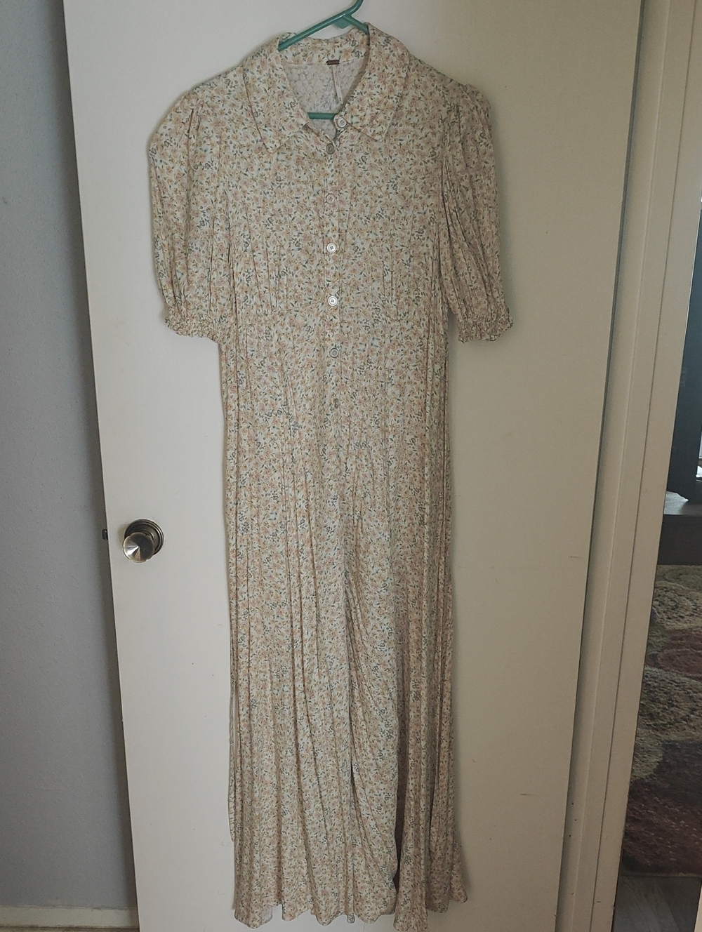 Free People Cream Floral Button-Front Maxi Dress with Tie At Waist